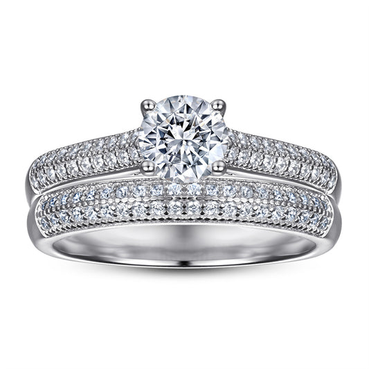 S925 Sterling Silver Couple's Ring Set - Double Row Pavé Zirconia Wedding Bands