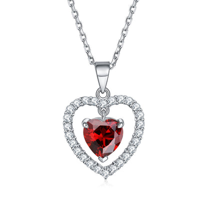 925 Sterling Silver Heart Birthstone Necklace - Romantic Ruby Zircon Pendant