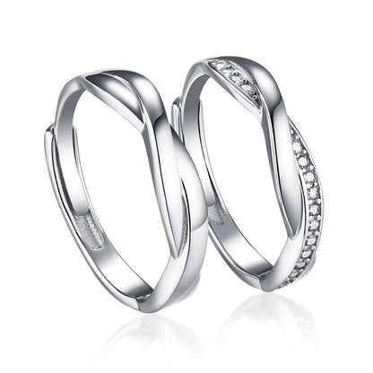 925 Sterling Silver Wave Couple Rings - Romantic Adjustable Matching Set with Zircon Accents