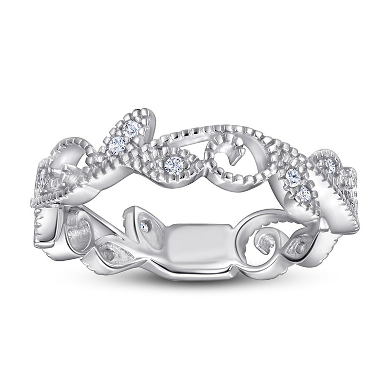 Leaf Motif 925 Silver Ring - Nature-Inspired Zirconia Band in Three Finishes