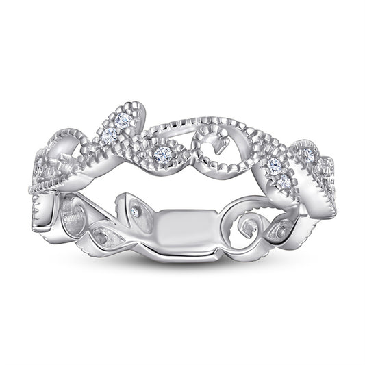 Leaf Motif 925 Silver Ring - Nature-Inspired Zirconia Band in Three Finishes