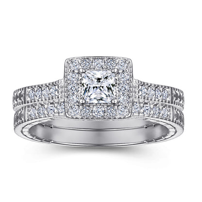 Square Zircon Stackable Ring Set - 925 Sterling Silver Geometric Two-Piece Wedding Band for Women