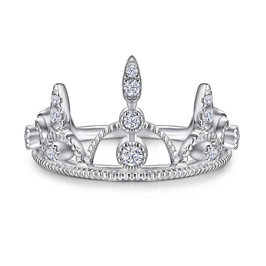 Crown Design 925 Silver Ring - 18K Gold Plated Zirconia Band for Women