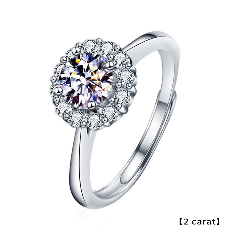 Adjustable Sunflower Geometric 925 Silver Ring with 1ct/2ct D Color White/Green Moissanite Heavy 0.05um Rhodium Plated