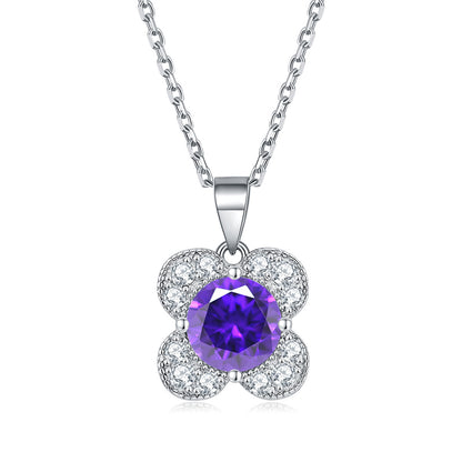 925 Sterling Silver Floral Birthstone Pendant Necklace - Four-Leaf Clover Charm Jewelry