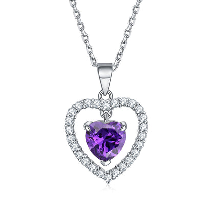 925 Sterling Silver Heart Birthstone Necklace - Romantic Ruby Zircon Pendant