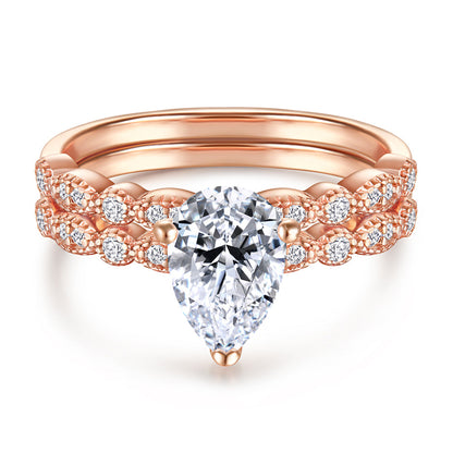 S925 Sterling Silver Teardrop Wedding Ring Set - Elegant Stackable Bridal Jewelry