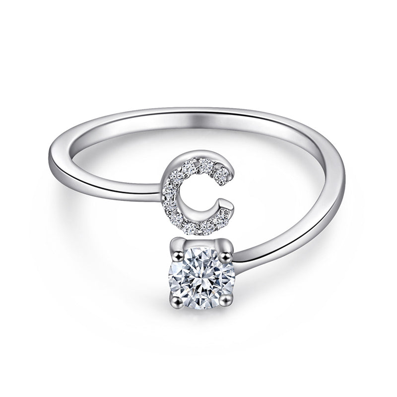 Personalized Initial 925 Silver Ring - Adjustable Alphabet Letter Band with Zirconia