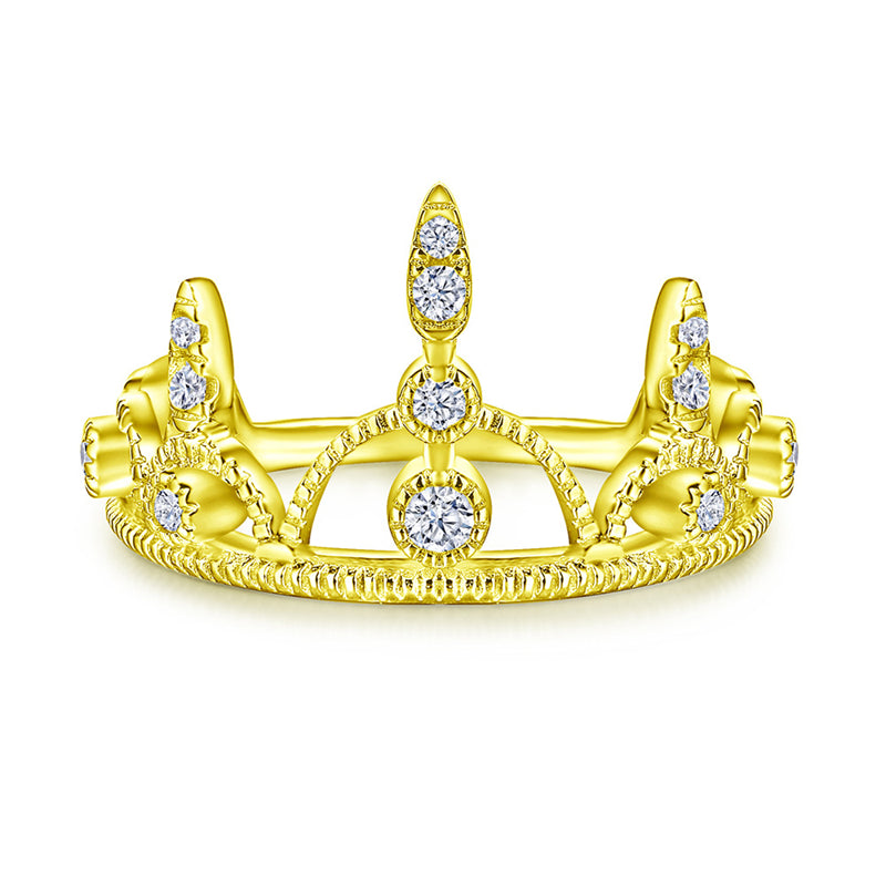 Crown Design 925 Silver Ring - 18K Gold Plated Zirconia Band for Women