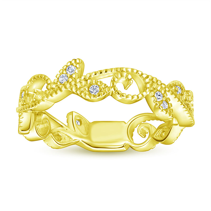 Leaf Motif 925 Silver Ring - Nature-Inspired Zirconia Band in Three Finishes