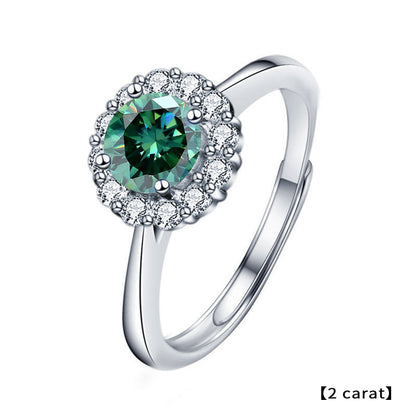 Adjustable Sunflower Geometric 925 Silver Ring with 1ct/2ct D Color White/Green Moissanite Heavy 0.05um Rhodium Plated