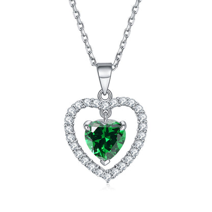 925 Sterling Silver Heart Birthstone Necklace - Romantic Ruby Zircon Pendant