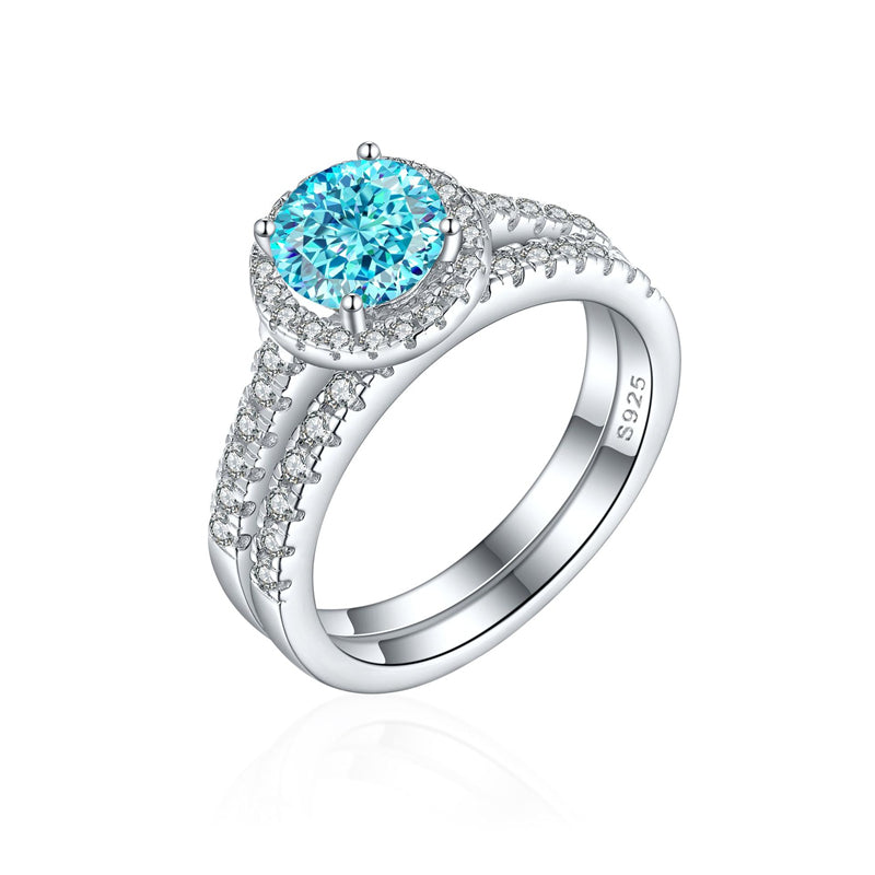 S925 Sterling Silver 1.2ct Round Flame-Cut Ring Set - 7×7mm Colored Gemstone Stackable Jewelry