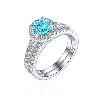S925 Sterling Silver 1.2ct Round Flame-Cut Ring Set - 7×7mm Colored Gemstone Stackable Jewelry
