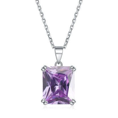 925 Sterling Silver Rectangular Zircon Pendant Necklace - Minimalist Birthstone Collarbone Chain