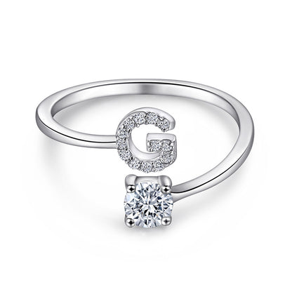 Personalized Initial 925 Silver Ring - Adjustable Alphabet Letter Band with Zirconia