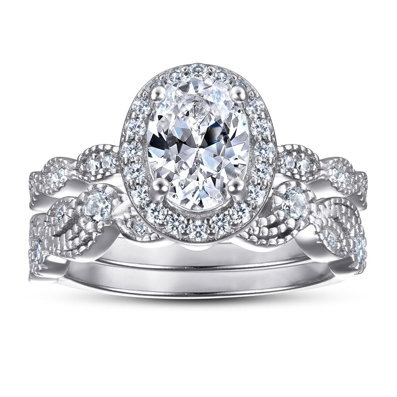 S925 Sterling Silver Vintage Floral Engagement Set - European-Inspired Wedding Jewelry