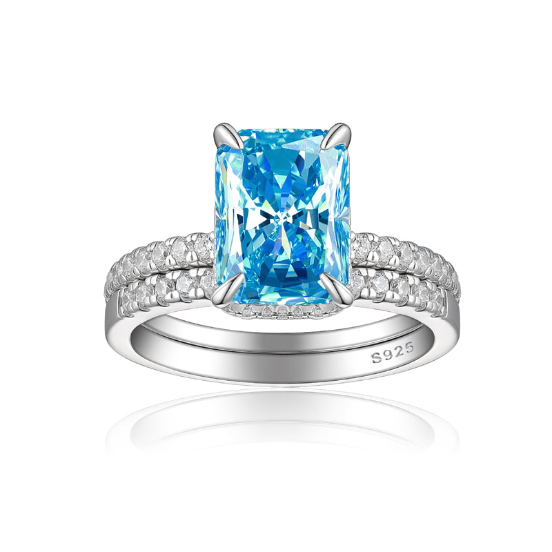 4ct Square Gemstone 925 Silver Stackable Ring Set - Luxe Flame & Ice-Cut European Style Band Collection