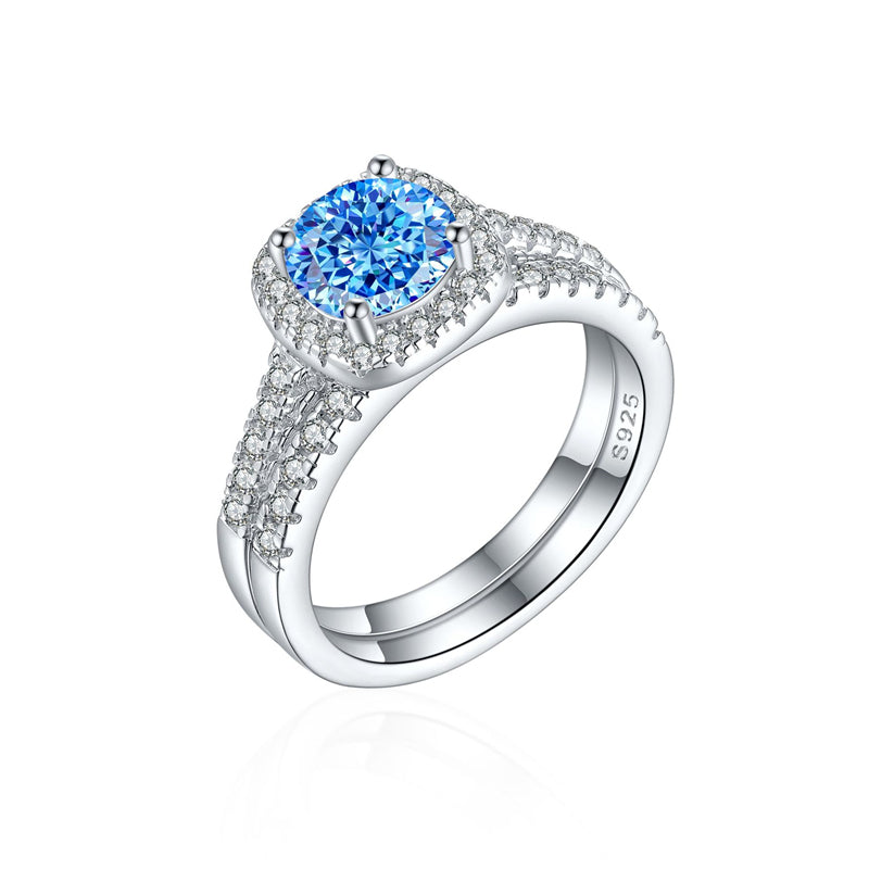 S925 Sterling Silver 1.2ct Round 100-Facet Flame Cut Ring Set - 8×8mm Colored Gemstone Jewelry
