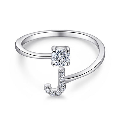 Personalized Initial 925 Silver Ring - Adjustable Alphabet Letter Band with Zirconia