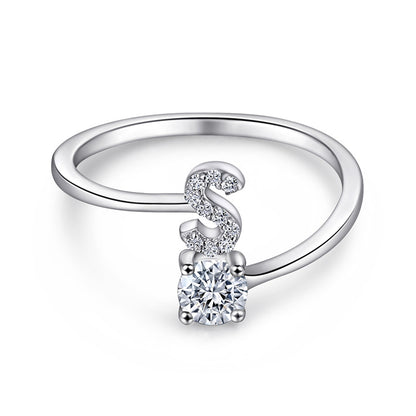 Personalized Initial 925 Silver Ring - Adjustable Alphabet Letter Band with Zirconia