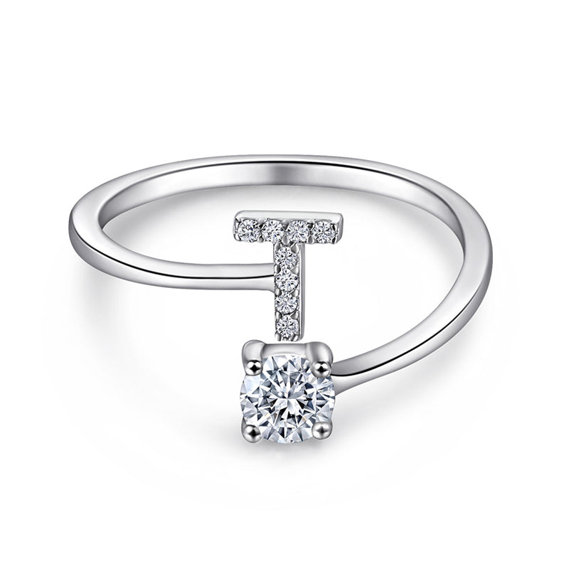 Personalized Initial 925 Silver Ring - Adjustable Alphabet Letter Band with Zirconia