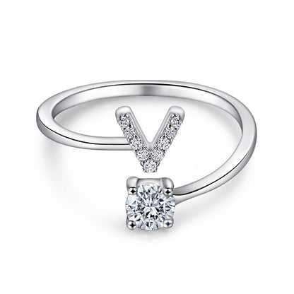 Personalized Initial 925 Silver Ring - Adjustable Alphabet Letter Band with Zirconia