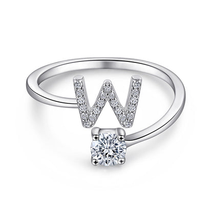Personalized Initial 925 Silver Ring - Adjustable Alphabet Letter Band with Zirconia