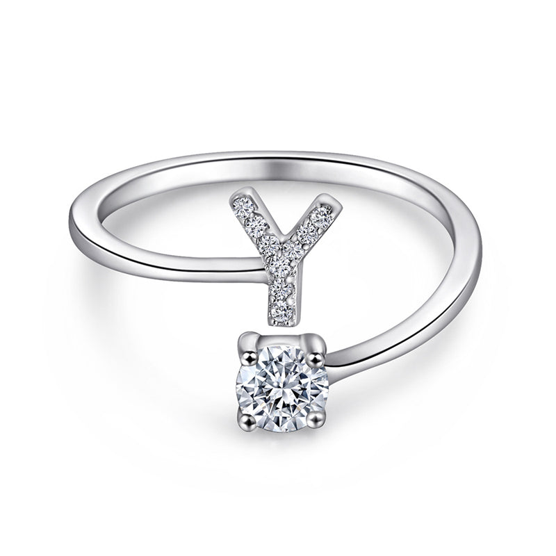 Personalized Initial 925 Silver Ring - Adjustable Alphabet Letter Band with Zirconia