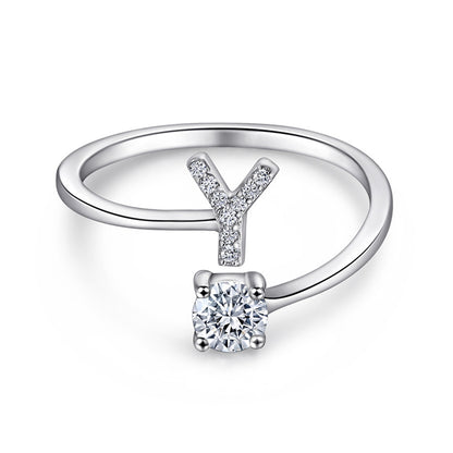 Personalized Initial 925 Silver Ring - Adjustable Alphabet Letter Band with Zirconia