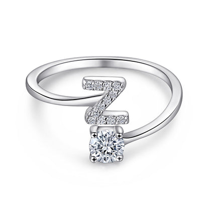 Personalized Initial 925 Silver Ring - Adjustable Alphabet Letter Band with Zirconia