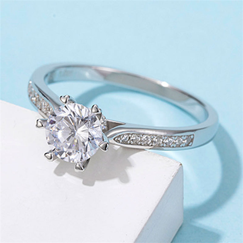 Snowflake Six-Prong Moissanite Ring - 925 Sterling Silver Wedding Jewelry with D Color Stone