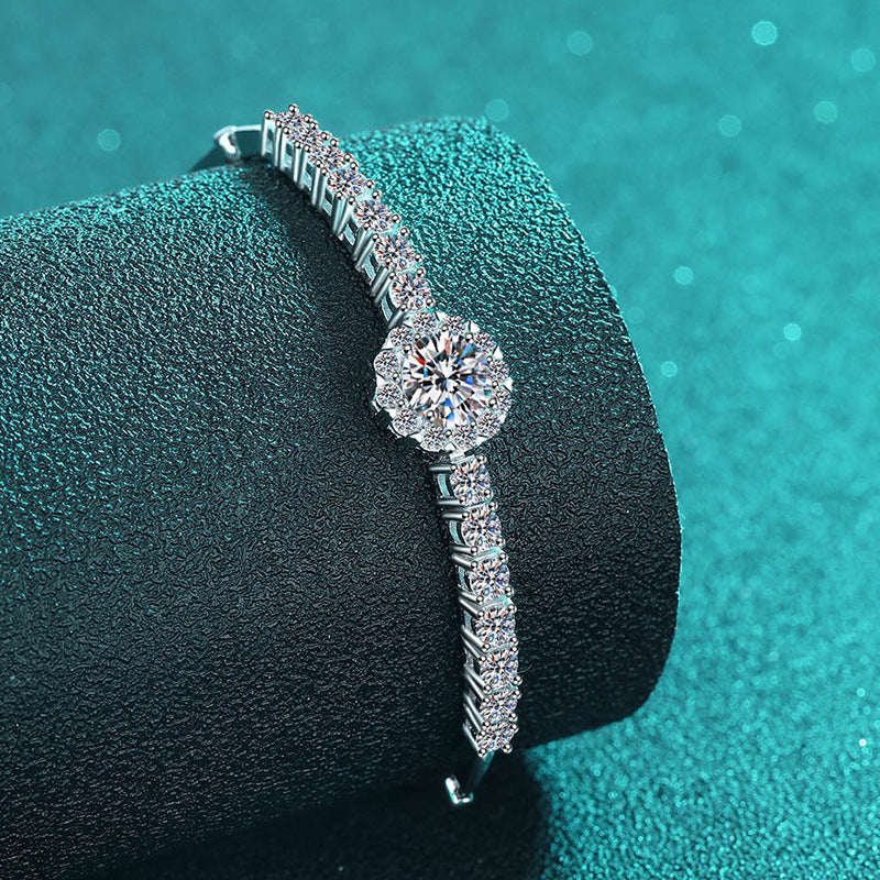 Sporty Style 2.4ct Moissanite Sterling Silver Zodiac Bracelet with Floral Charms, 5-Layer Rhodium Plating