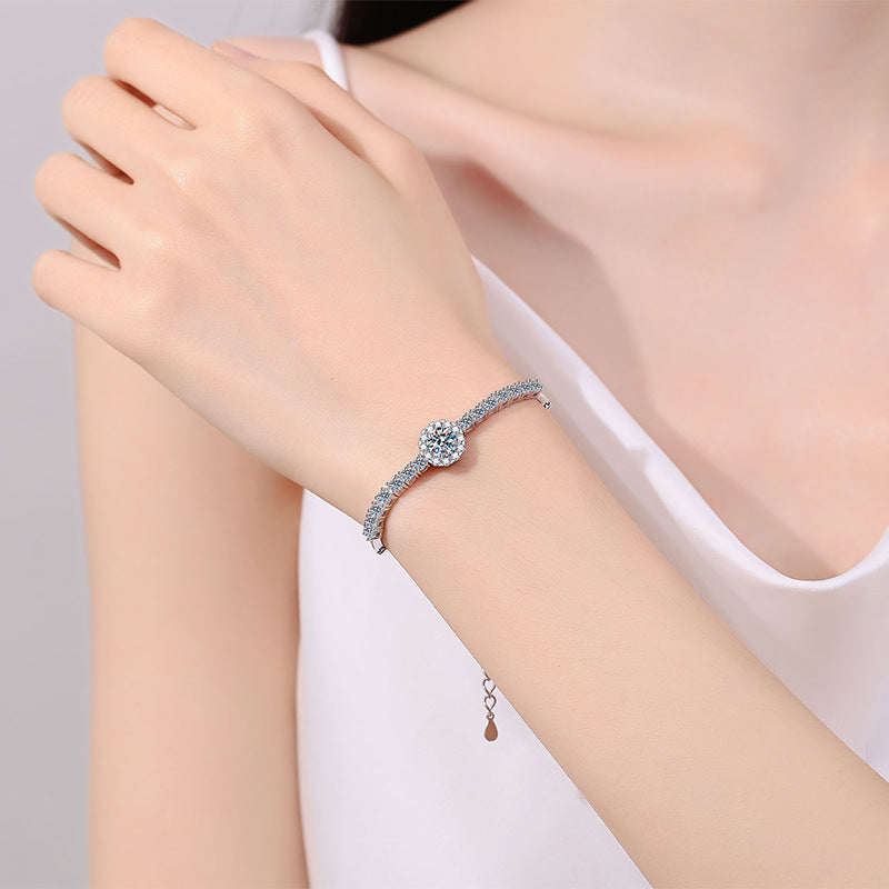 Sporty Style 2.4ct Moissanite Sterling Silver Zodiac Bracelet with Floral Charms, 5-Layer Rhodium Plating