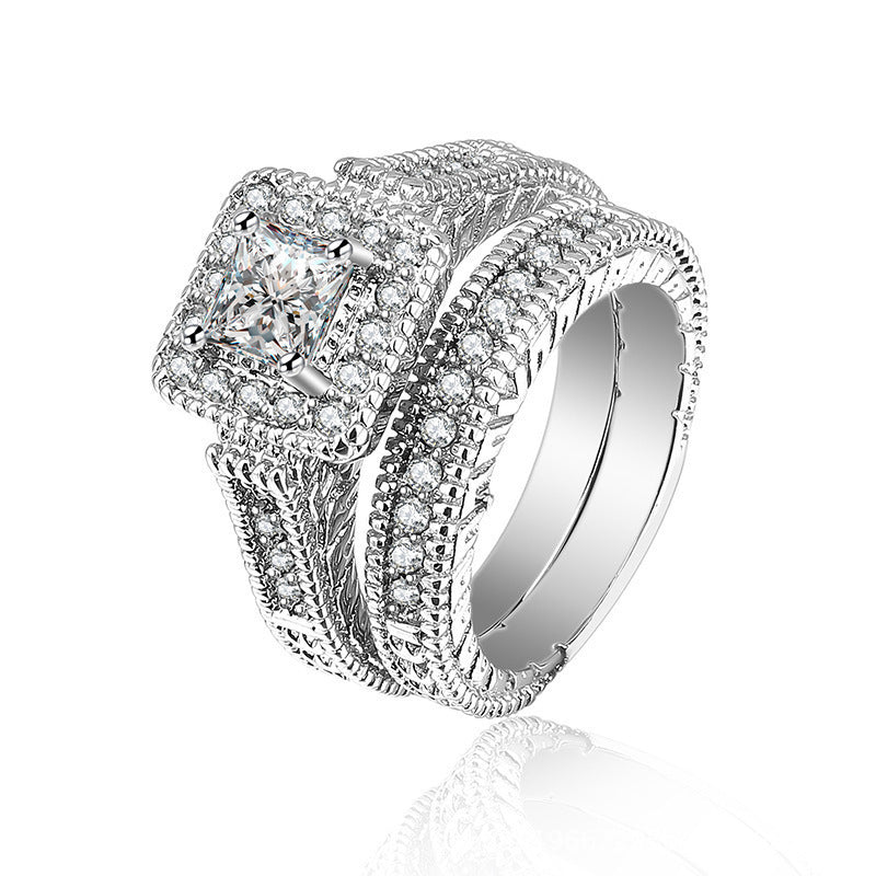Square Zircon Stackable Ring Set - 925 Sterling Silver Geometric Two-Piece Wedding Band for Women