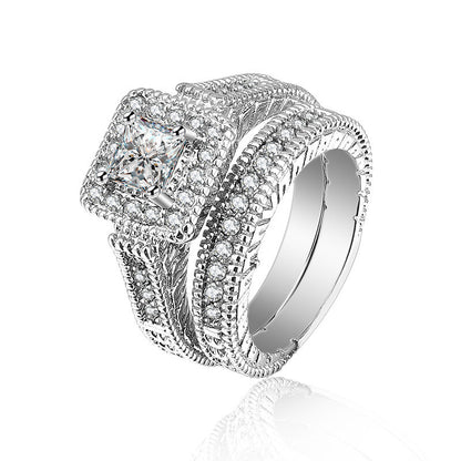 Square Zircon Stackable Ring Set - 925 Sterling Silver Geometric Two-Piece Wedding Band for Women
