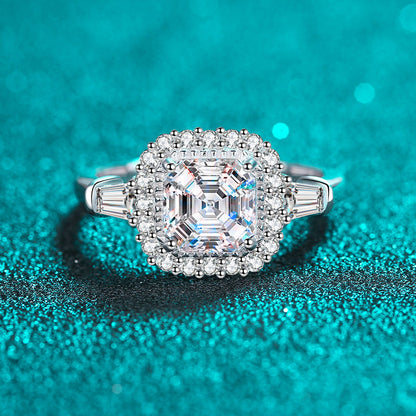 Sterling Silver Beveled Asscher Cut 2ct Moissanite Ring in PT950 Plating