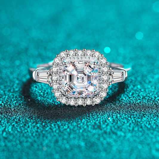 Sterling Silver Beveled Asscher Cut 2ct Moissanite Ring in PT950 Plating