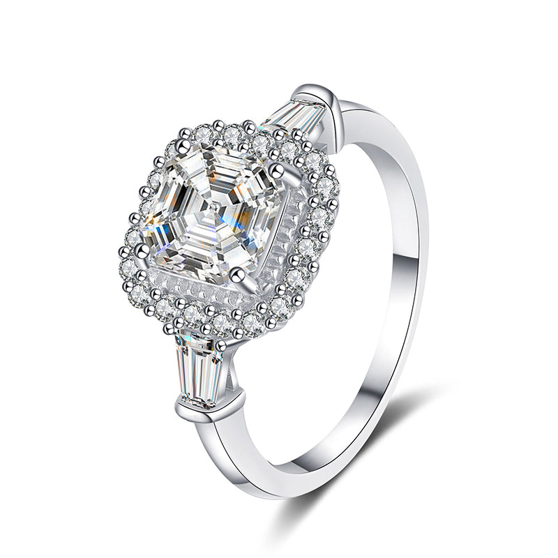 Sterling Silver Beveled Asscher Cut 2ct Moissanite Ring in PT950 Plating