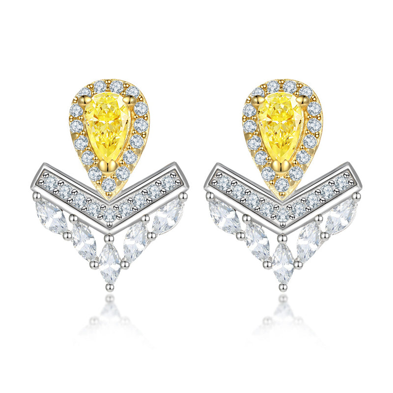Sterling Silver Crown Teardrop Earrings for Women Elegant Zircon V Shape Dangle Earrings Princess Chic White Gold Plated