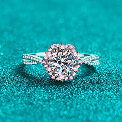 Sterling Silver Moissanite Plum Flower Ring with PT950 Rose Gold Plating