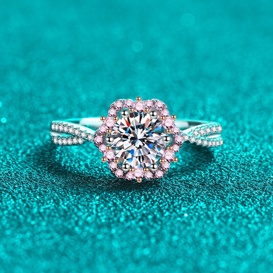 Sterling Silver Moissanite Plum Flower Ring with PT950 Rose Gold Plating