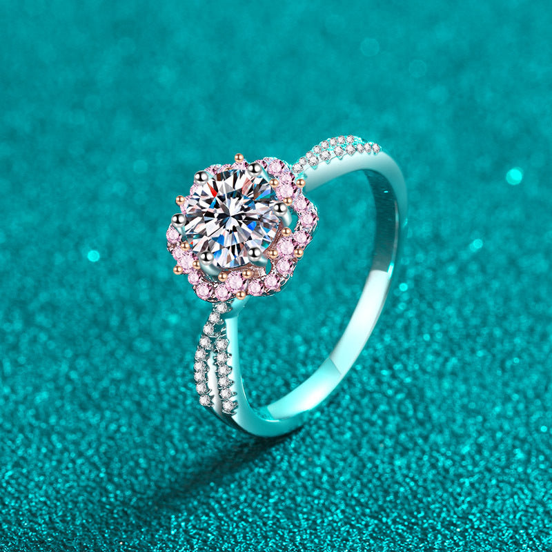 Sterling Silver Moissanite Plum Flower Ring with PT950 Rose Gold Plating