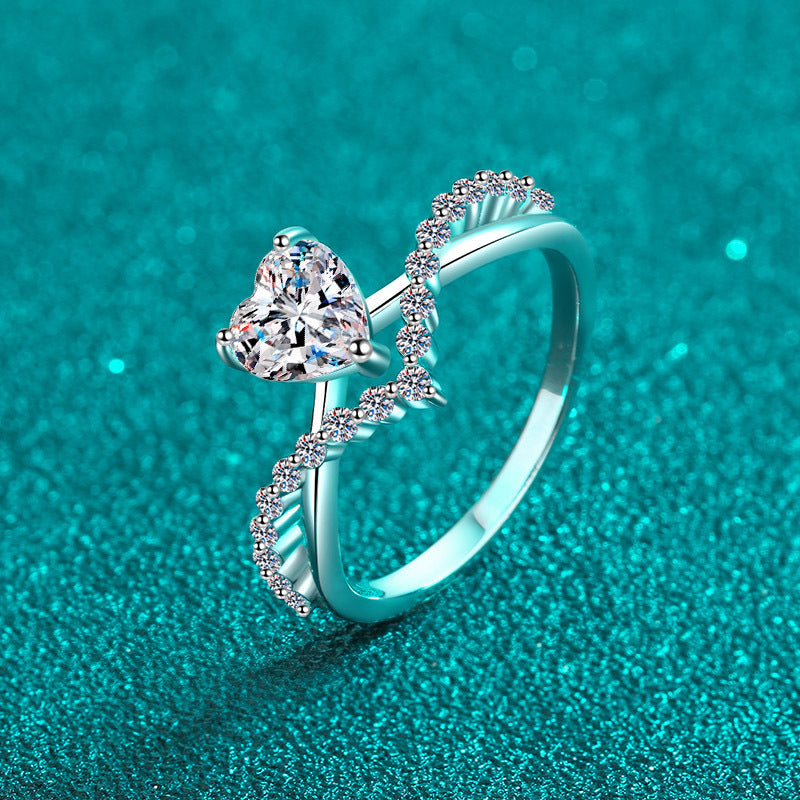Sterling Silver PT950 Gold Plated "One Heart Love" 1ct Moissanite Cross-Border Heart Ring