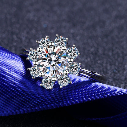 Sunflower Inspired Solitaire Ring - 925 Sterling Silver Eight-Prong Moissanite Ring with Chinese Motifs