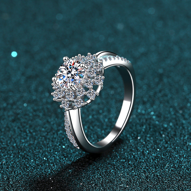 Sunflower PT950 Plated Moissanite Ring - 925 Sterling Silver with Net Pattern Design