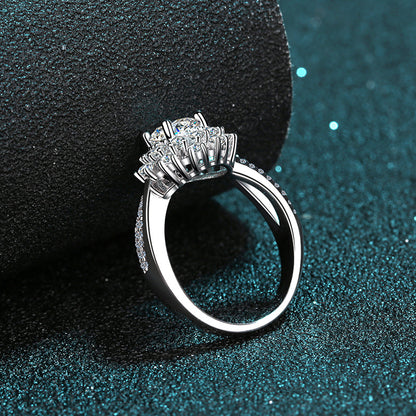 Sunflower PT950 Plated Moissanite Ring - 925 Sterling Silver with Net Pattern Design