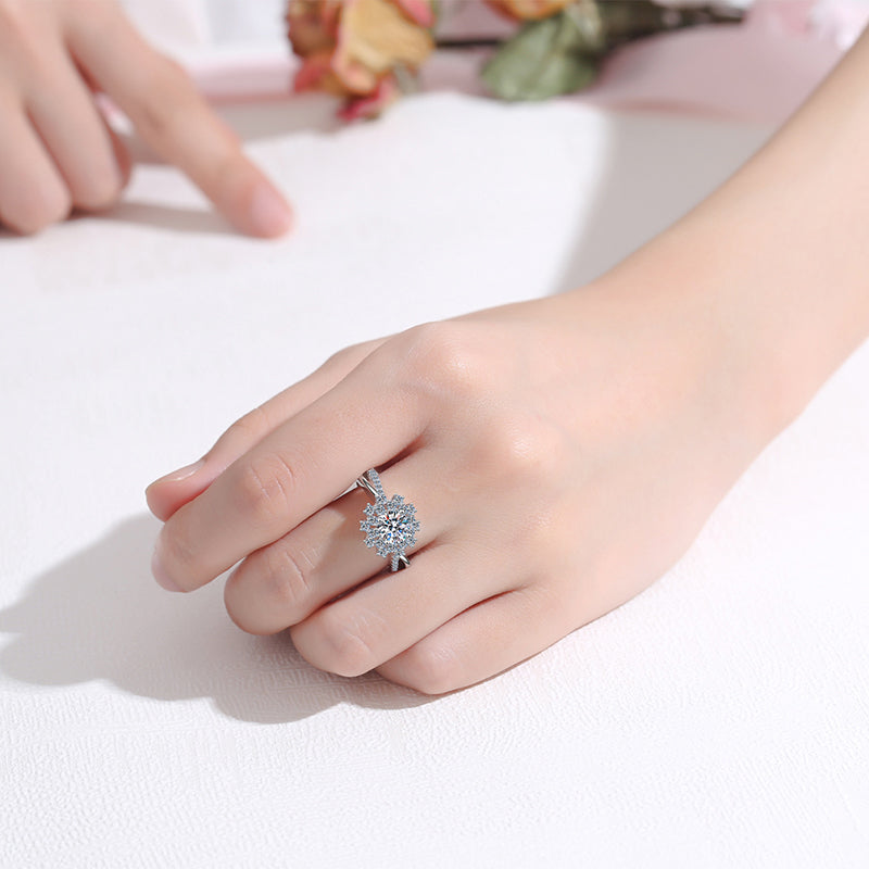 Sunflower PT950 Plated Moissanite Ring - 925 Sterling Silver with Net Pattern Design