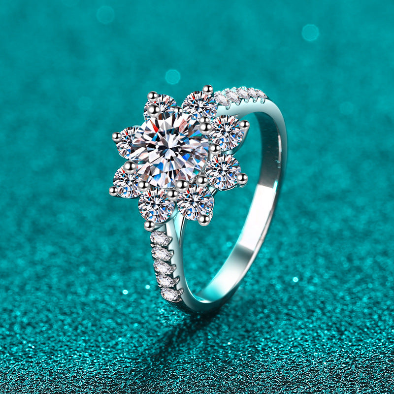Sunflower & Chinese Motif Moissanite Ring in S925 Silver | 1ct Unique Cultural Fusion Design