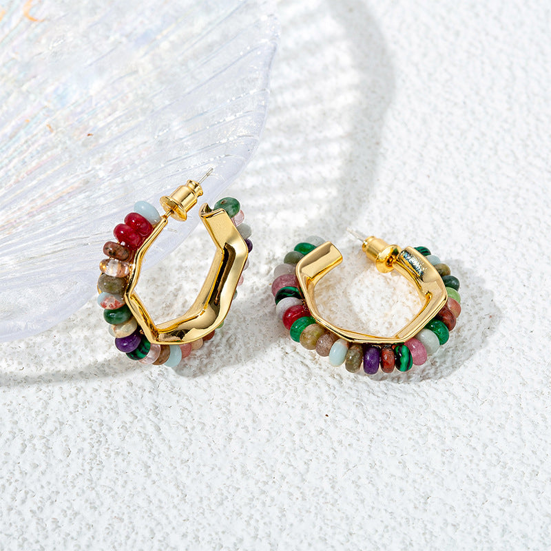 Sweet & Edgy Geometric Hoop Earrings - 925 Silver Posts with Natural Stones & Pearl Options for Women